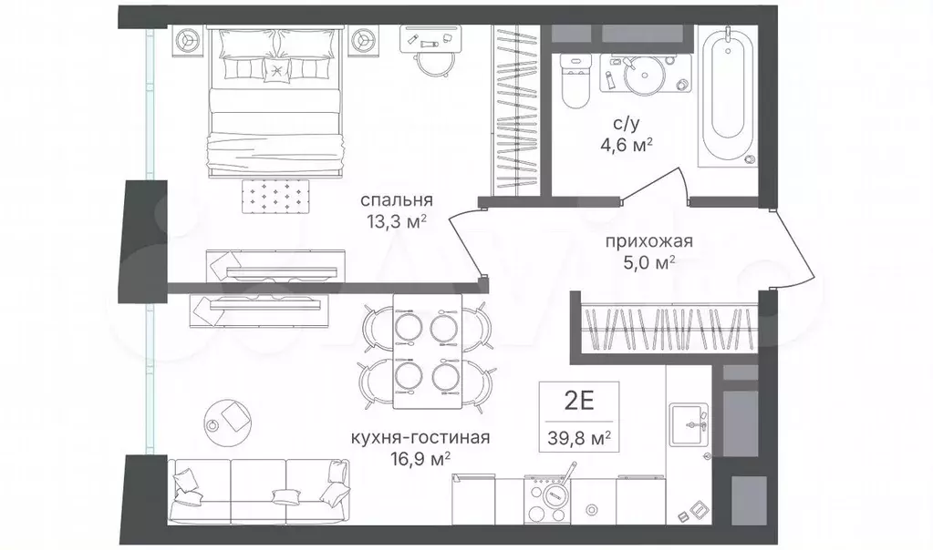1-к. квартира, 39,8 м, 11/26 эт. - Фото 0