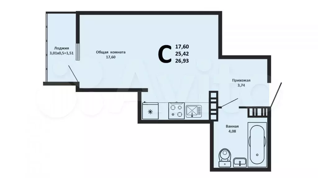 Квартира-студия, 26,9 м, 2/19 эт. - Фото 0