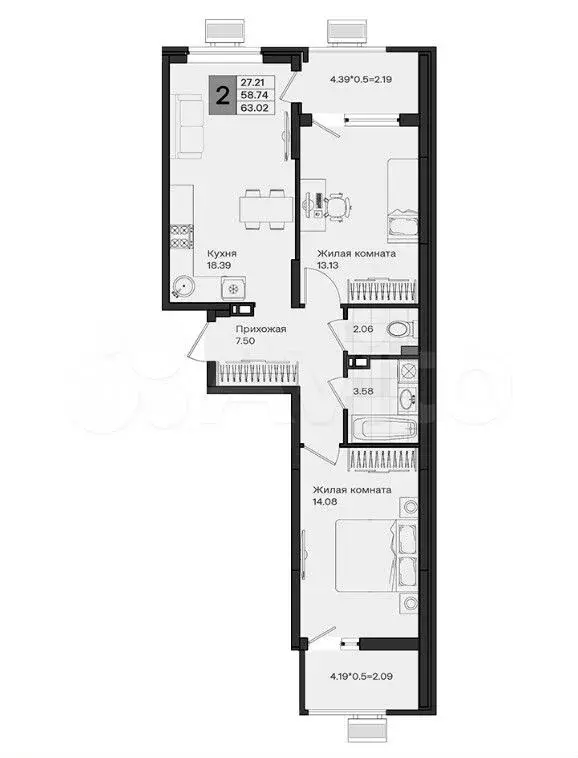 2-к. квартира, 63 м, 7/8 эт. - Фото 1