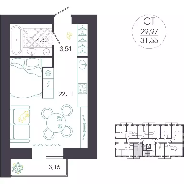 Студия Пензенская область, Пенза Колышлейская ул., 7 (32.15 м) - Фото 2