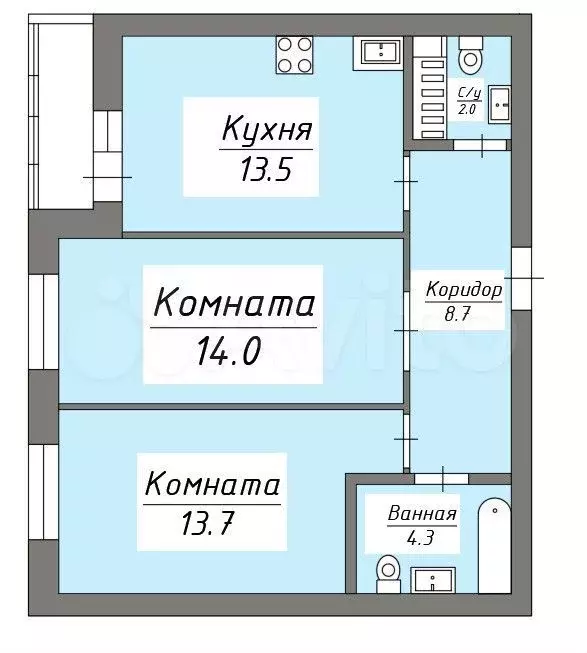 2-к. квартира, 56,2 м, 17/21 эт. - Фото 0