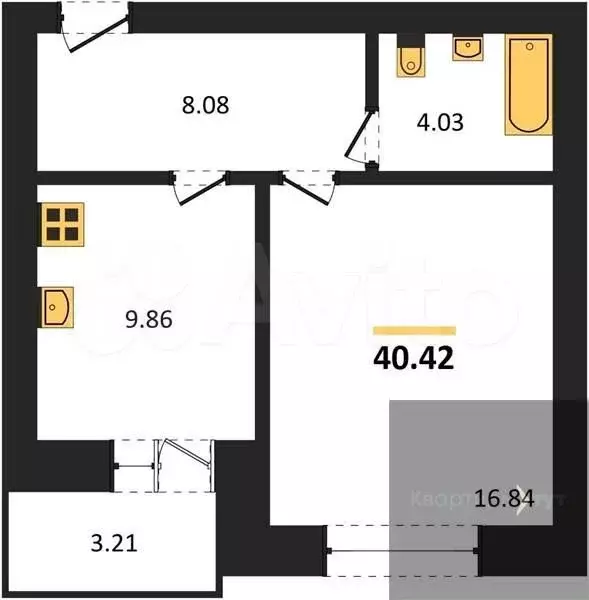 1-к. квартира, 40,4 м, 9/10 эт. - Фото 0