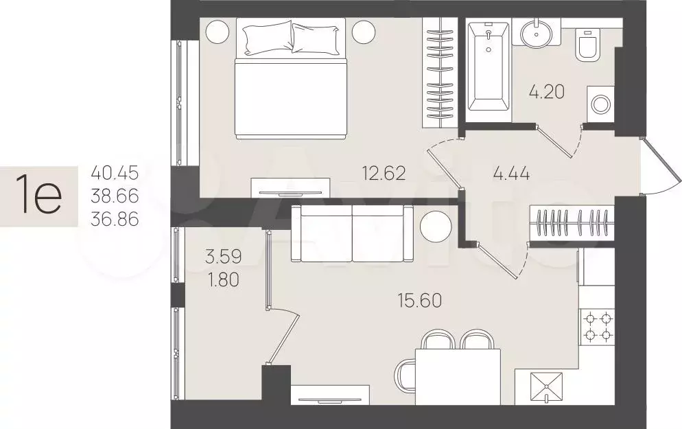 1-к. квартира, 38,7 м, 4/5 эт. - Фото 1