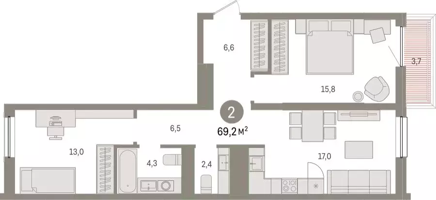 2-комнатная квартира: Тюмень, Мысовская улица, 26к1 (69.23 м) - Фото 1