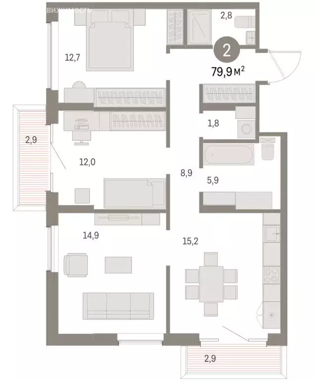 2-комнатная квартира: Курган, жилой район Центральный, ЖК Дом Кино ... - Фото 2