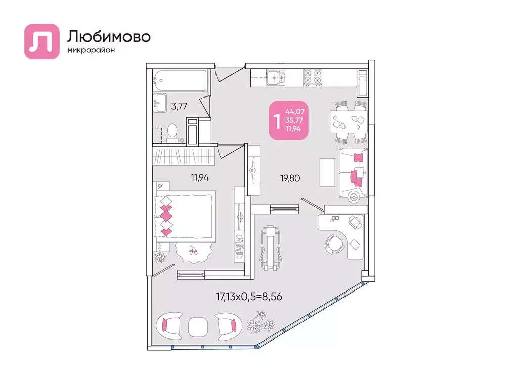 1-комнатная квартира: Краснодар, микрорайон Любимово, 2 (44.07 м) - Фото 0