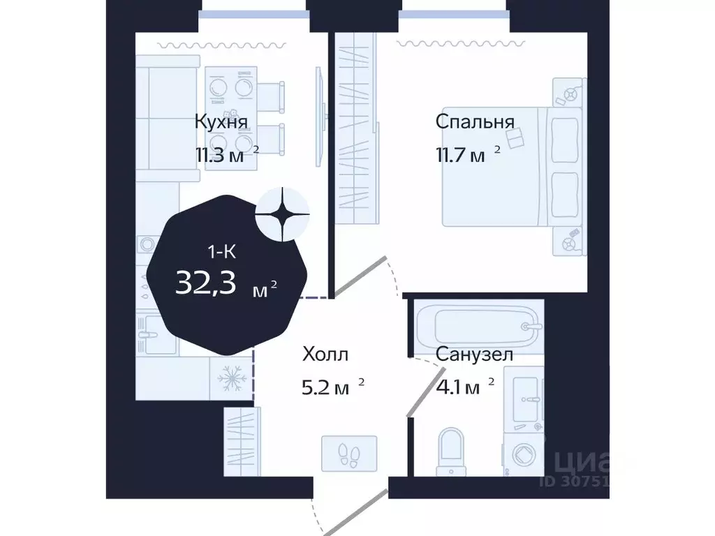 1-к кв. Тюменская область, Тюмень Новгородская ул., 22 (32.3 м) - Фото 0