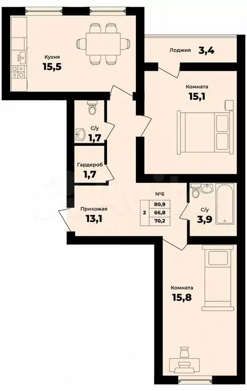 2-к. квартира, 68,5 м, 3/9 эт. - Фото 0