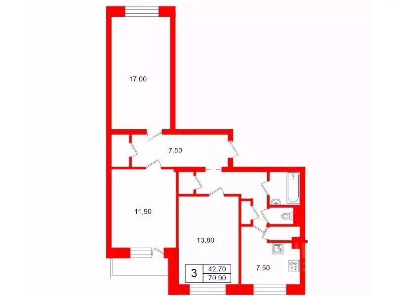 3-к кв. Санкт-Петербург просп. Просвещения, 70К2 (70.9 м) - Фото 2