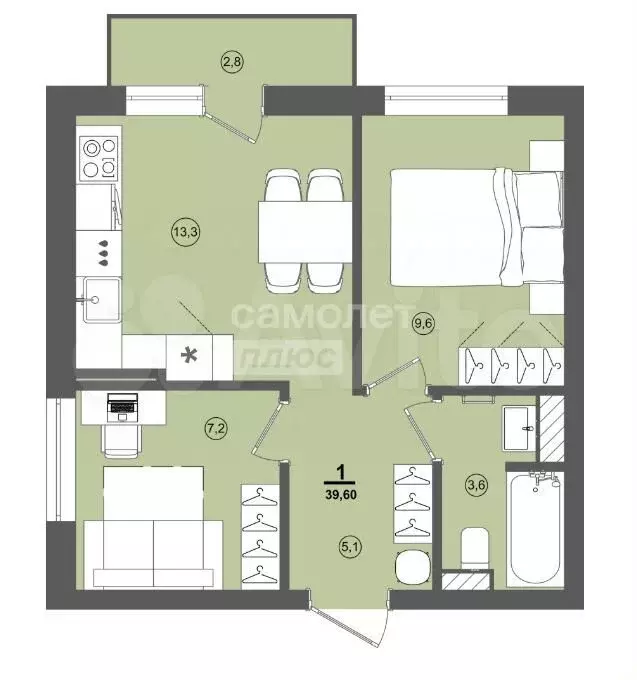 2-к. квартира, 38,8 м, 2/9 эт. - Фото 0