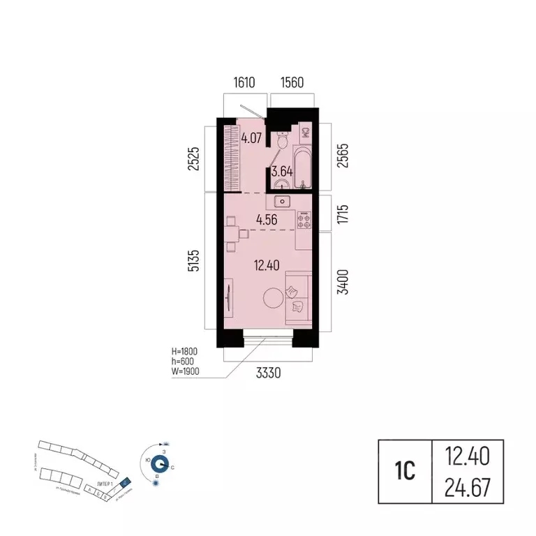 1-к кв. Башкортостан, Уфа Глумилино-1 мкр, Новатор жилой комплекс ... - Фото 1