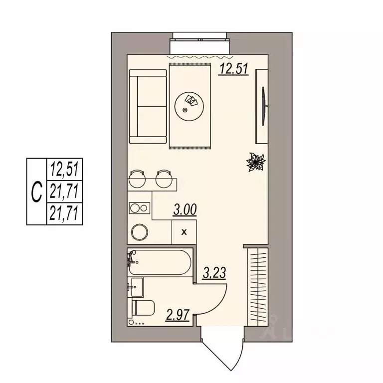 Студия Волгоградская область, Волгоград ул. Расула Гамзатова (21.71 м) - Фото 0