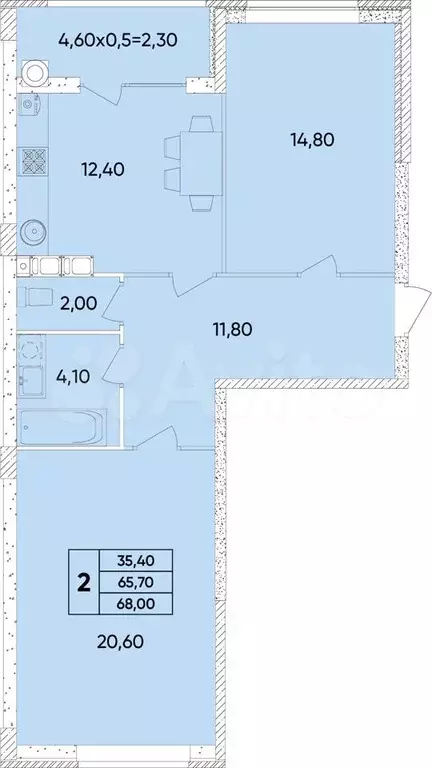 2-к. квартира, 68 м, 6/9 эт. - Фото 0