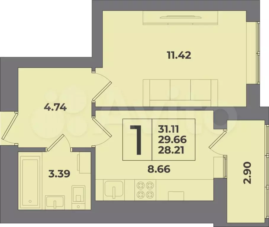 1-к. квартира, 31,1 м, 5/9 эт. - Фото 1