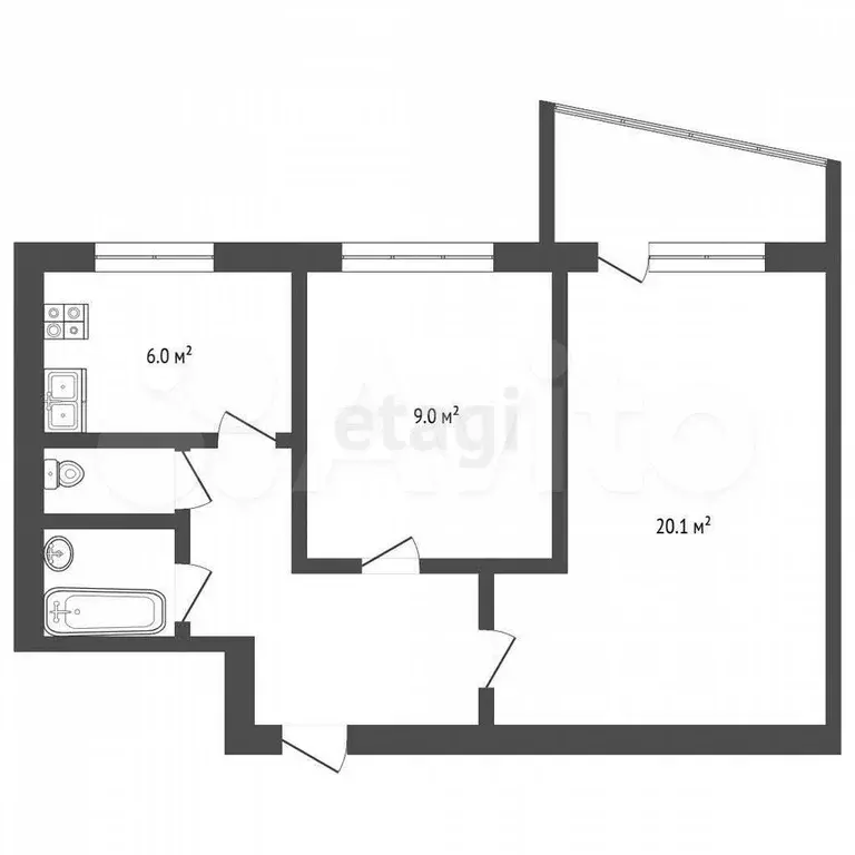 2-к. квартира, 44,6 м, 1/9 эт. - Фото 0