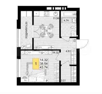1-к. квартира, 44 м, 7/9 эт. - Фото 1
