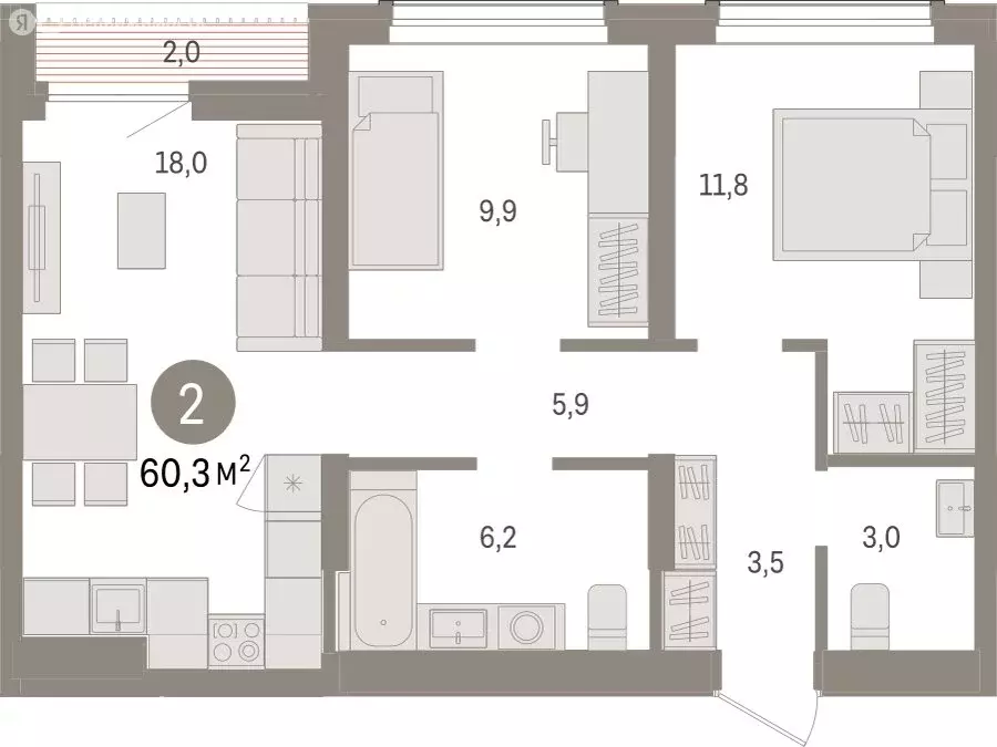 2-комнатная квартира: Новосибирск, улица Аэропорт (60.25 м) - Фото 0