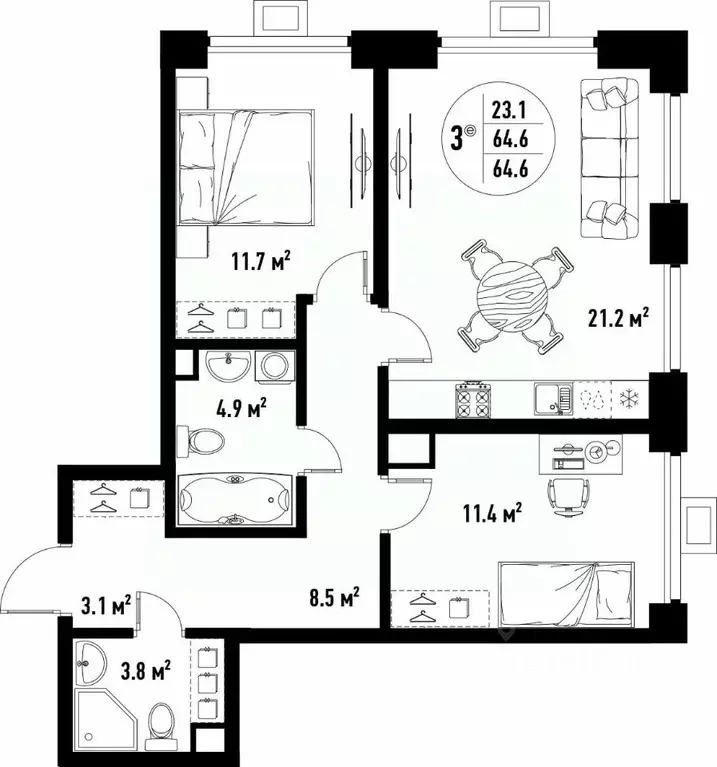 3-к кв. Астраханская область, Астрахань ул. Бэра, 29 (64.6 м) - Фото 1