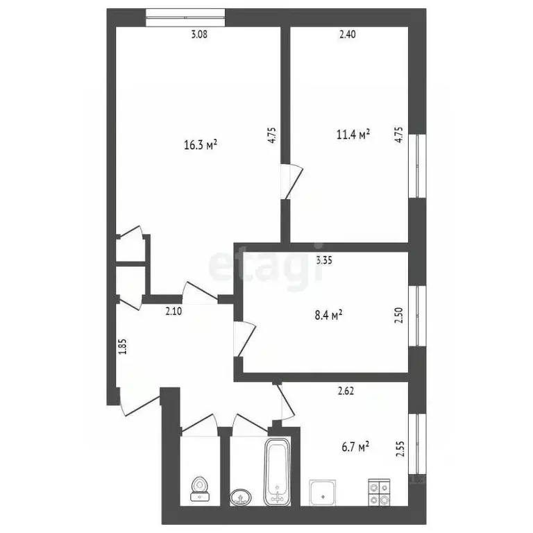 3-к кв. Тюменская область, Тюмень Карская ул., 23 (51.1 м) - Фото 2