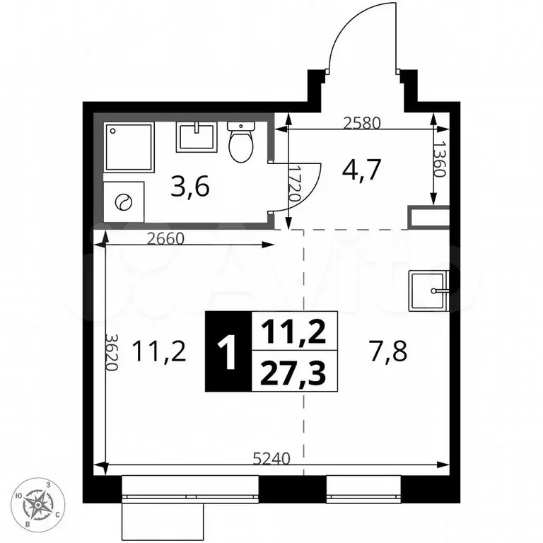 Квартира-студия, 27,3 м, 19/24 эт. - Фото 0