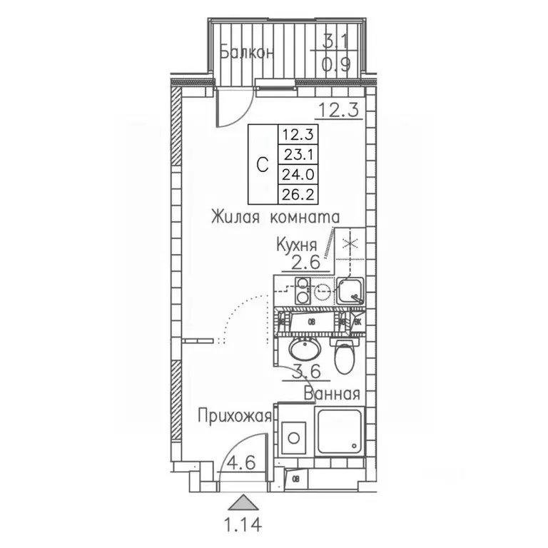 1-к кв. Приморский край, Владивосток ул. Расула Гамзатова, 7к1 (26.0 ... - Фото 1