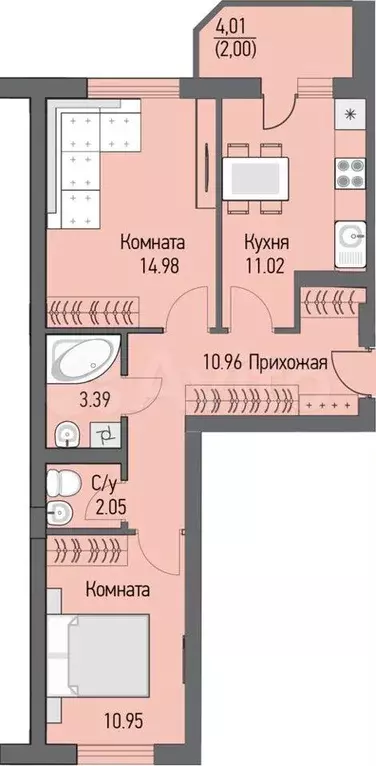 2-к. квартира, 55,4м, 12/16эт. - Фото 0