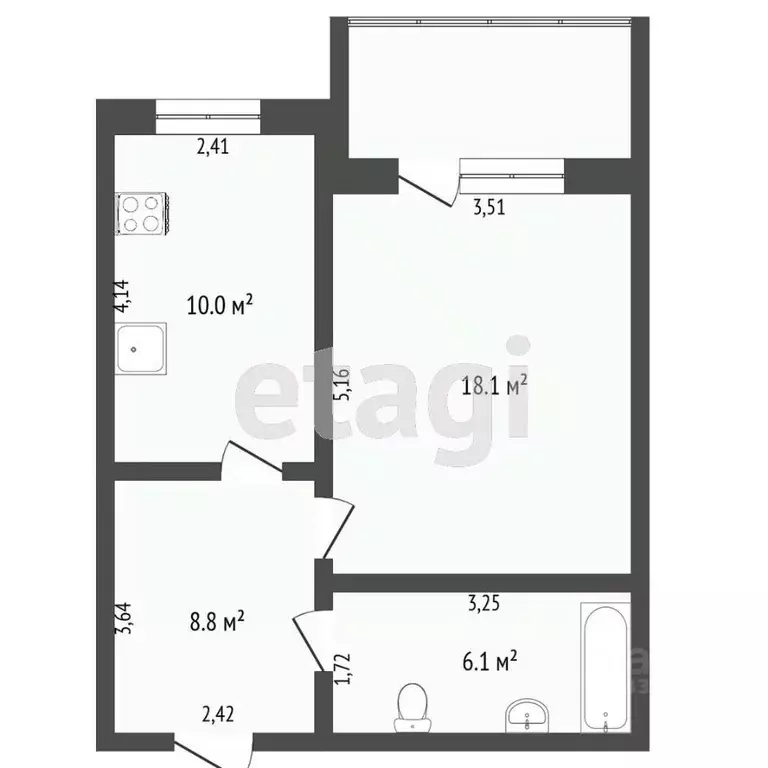 1-к кв. Тюменская область, Тюмень ул. Газовиков, 49к1 (43.0 м) - Фото 2