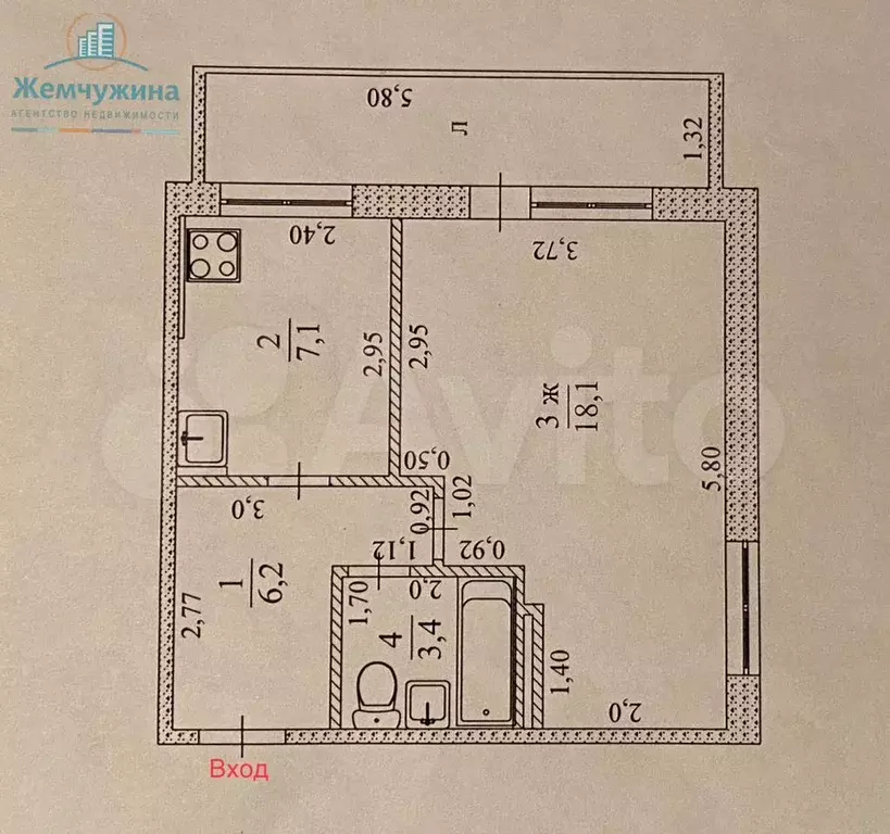 1-к. квартира, 34,8 м, 1/9 эт. - Фото 0