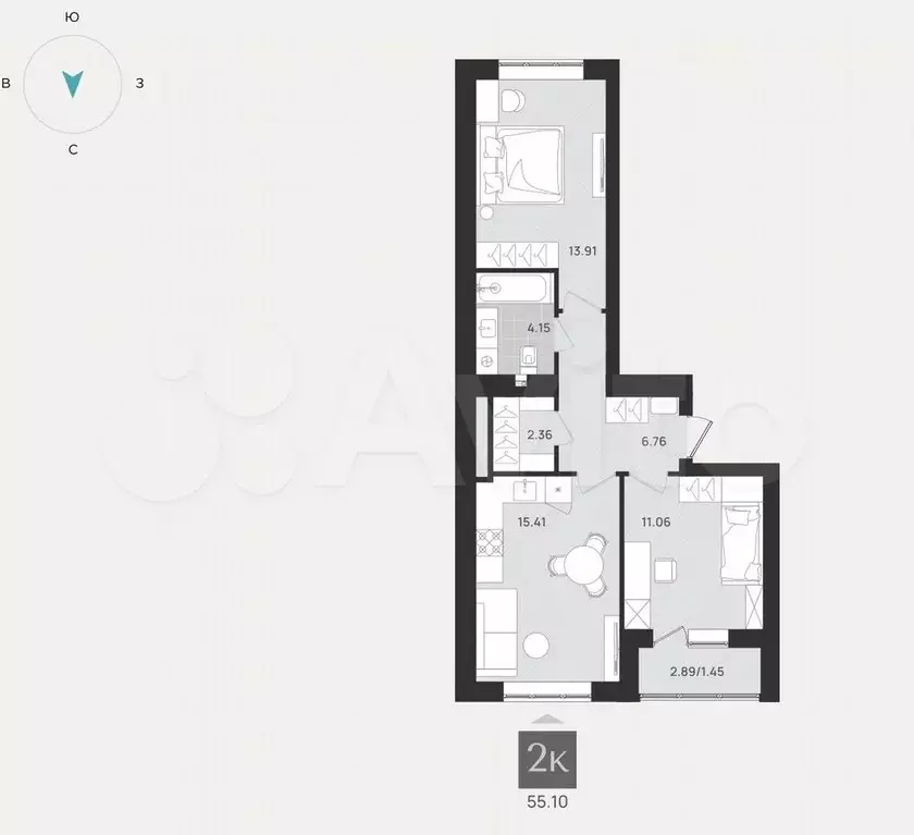 2-к. квартира, 55 м, 5/9 эт. - Фото 1