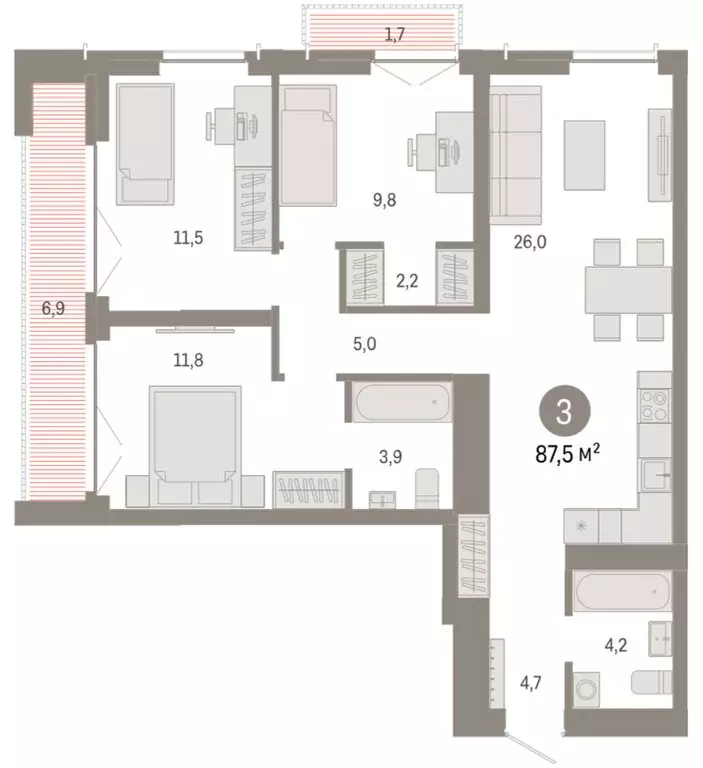 3-комнатная квартира: Новосибирск, Большевистская улица, 66 (87.49 м) - Фото 2