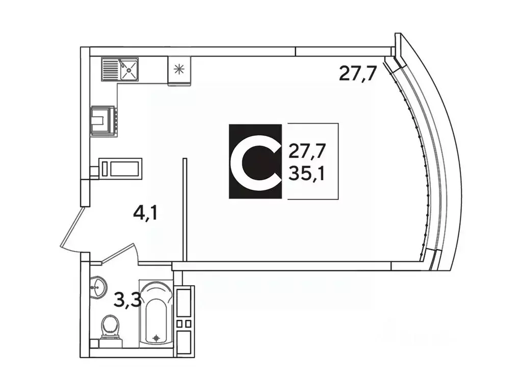 Студия Краснодарский край, Краснодар Самолет-6 жилой комплекс (35.1 м) - Фото 1