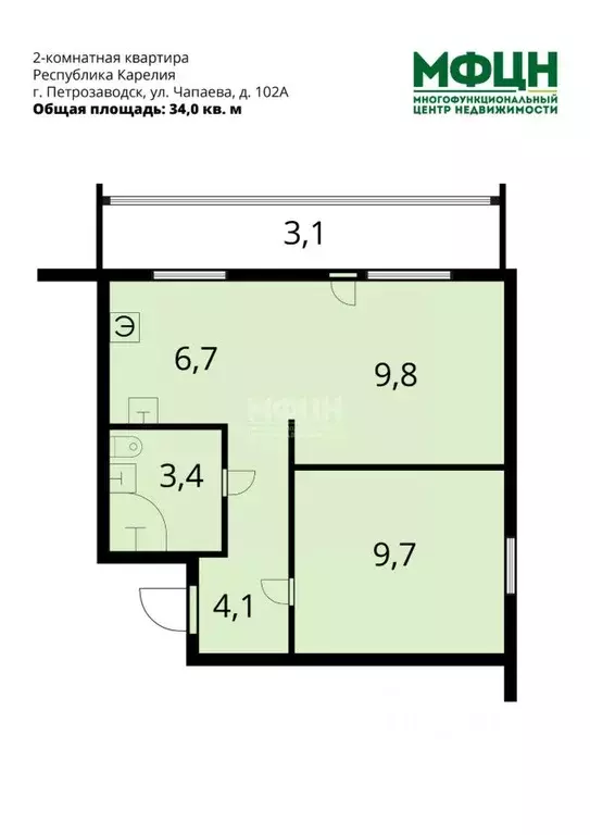 2-к кв. Карелия, Петрозаводск ул. Чапаева, 102А (34.0 м) - Фото 1