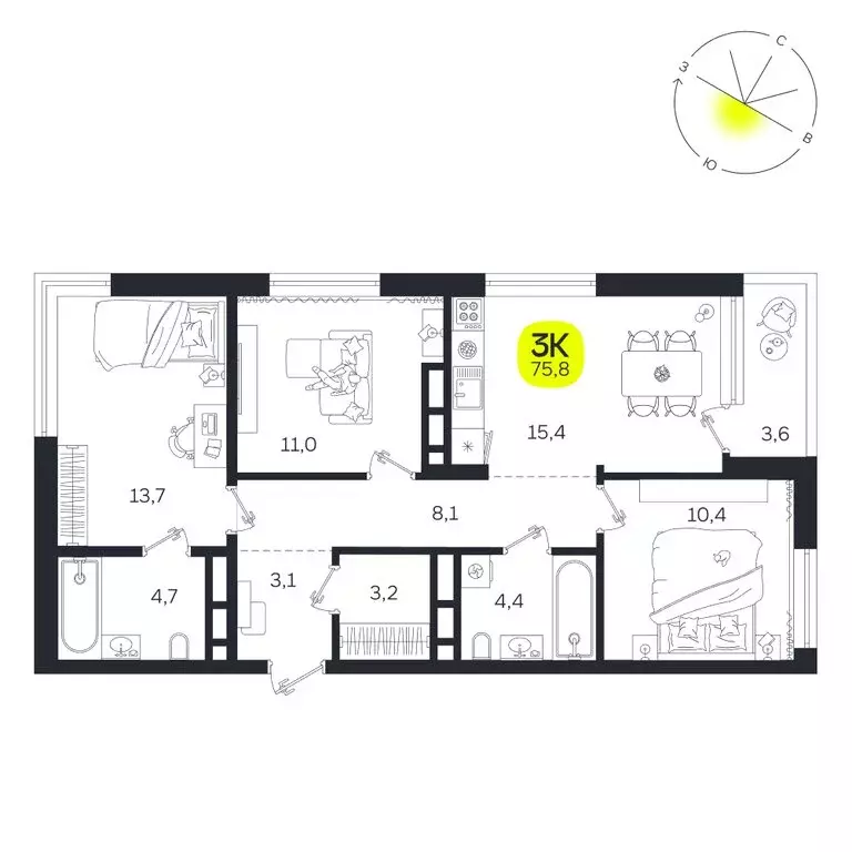 3-комнатная квартира: Екатеринбург, улица Титова, 19Б (75.8 м) - Фото 0