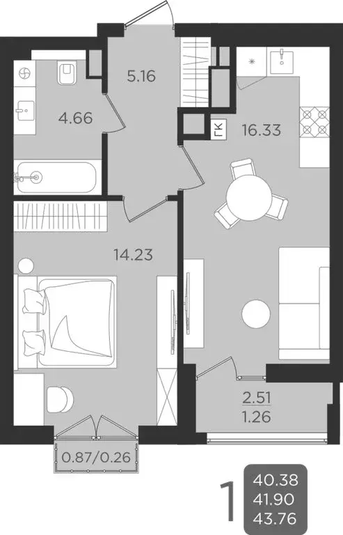 1-комнатная квартира: Калининград, улица Старшины Дадаева, 55к1 (41.99 ... - Фото 1