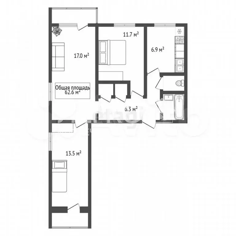 3-к. квартира, 62,6 м, 7/9 эт. - Фото 0