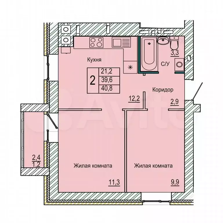 2-к. квартира, 40,8 м, 2/10 эт. - Фото 0