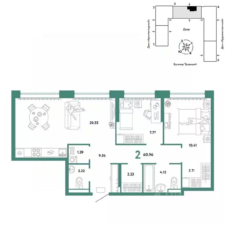 3-к кв. Тюменская область, Тюмень ул. Новоселов, 102 (60.96 м) - Фото 0