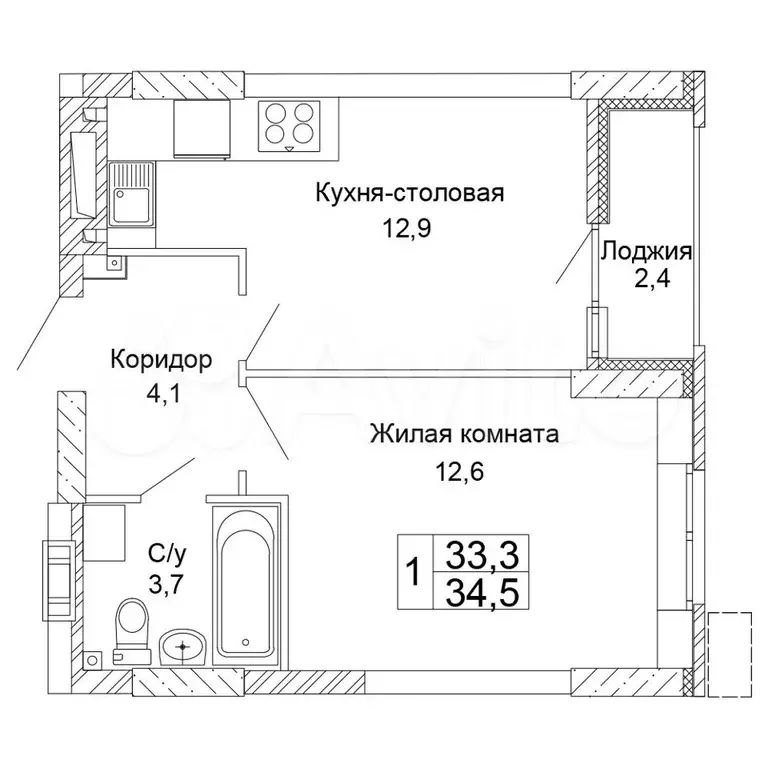 1-к. квартира, 34,5 м, 3/17 эт. - Фото 0