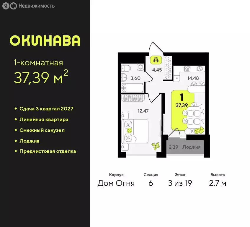 1-комнатная квартира: Тюмень, жилой комплекс Окинава (37.39 м) - Фото 0