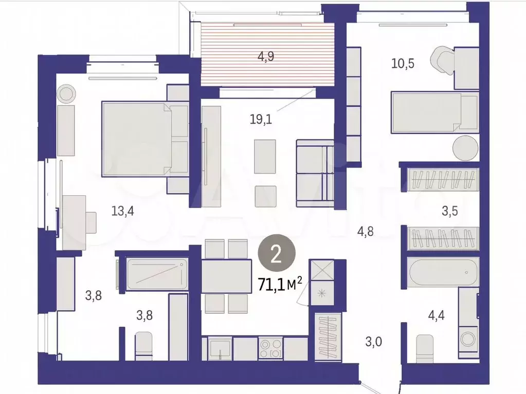 2-к. квартира, 71,1м, 5/7эт. - Фото 1