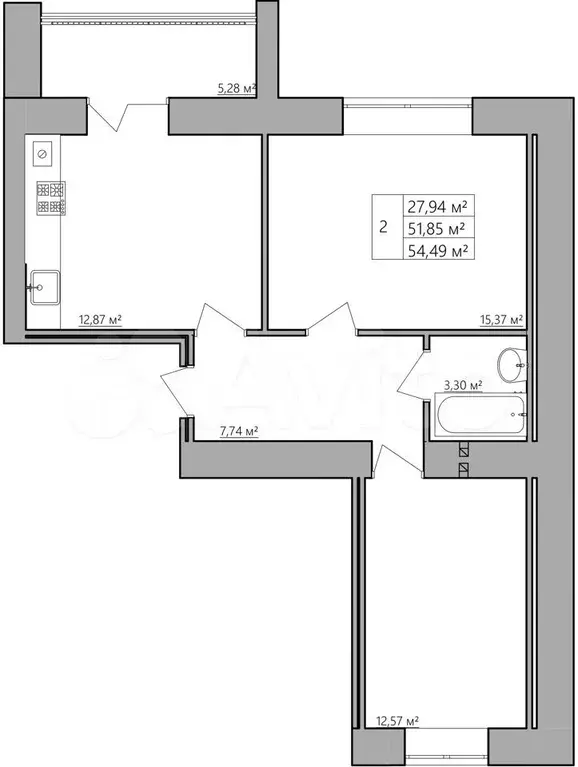 2-к. квартира, 54,5 м, 1/8 эт. - Фото 0