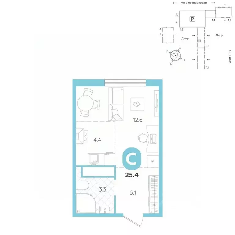 Студия Тюменская область, Тюмень ул. Лесопарковая, 22 (25.4 м) - Фото 1
