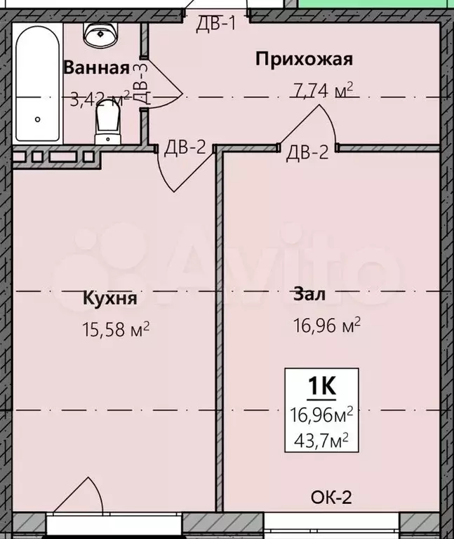 1-к. квартира, 43,7 м, 2/8 эт. - Фото 0