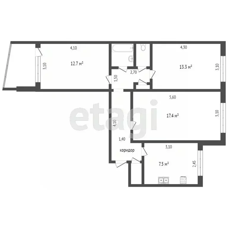 3-к кв. Тюменская область, Тюмень ул. 50 лет Октября, 46 (69.3 м) - Фото 2