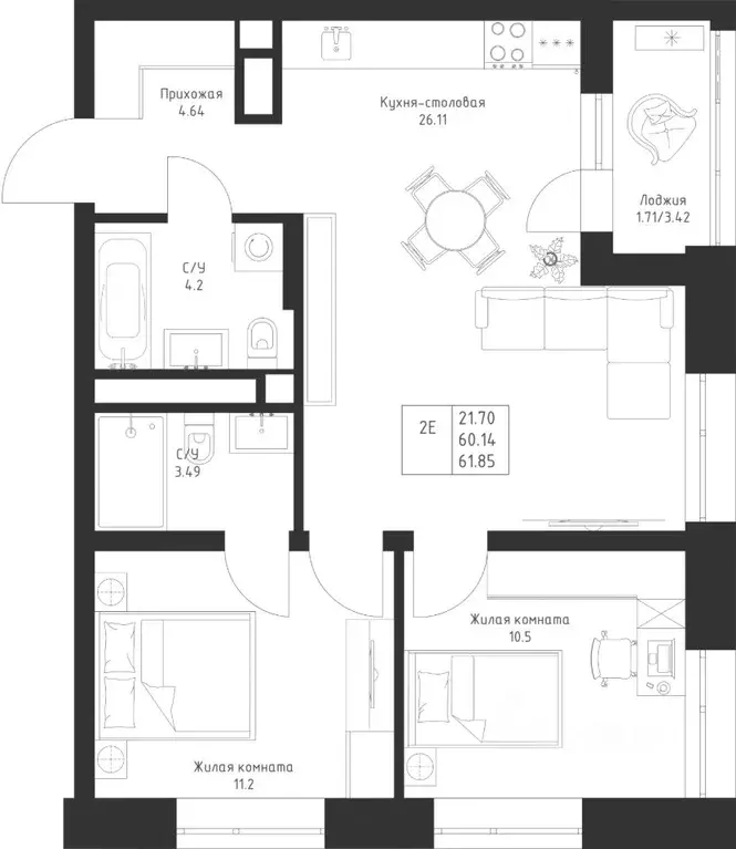 2-к кв. Татарстан, Казань Седьмое Небо жилрайон,  (61.85 м) - Фото 1