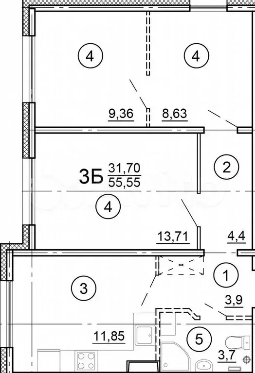 3-к. квартира, 55,6 м, 7/8 эт. - Фото 1