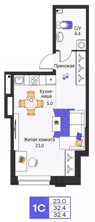 Студия Пермский край, Пермь ул. Карла Модераха, 7 (32.4 м) - Фото 1