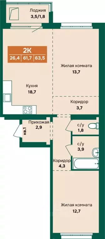 2-к кв. Алтайский край, Барнаул Камчатка жилой комплекс (63.5 м) - Фото 1