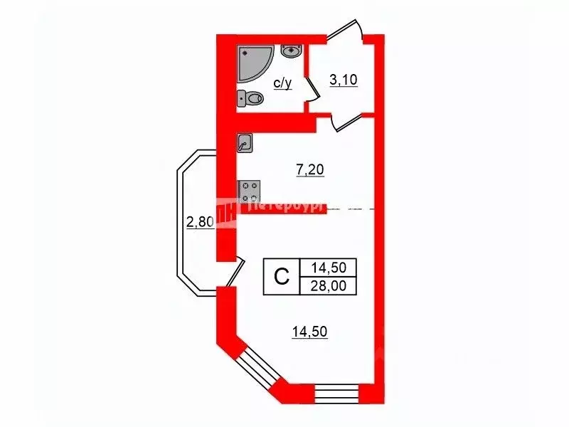 Студия Санкт-Петербург Пулковская ул., 8к4 (28.0 м) - Фото 1