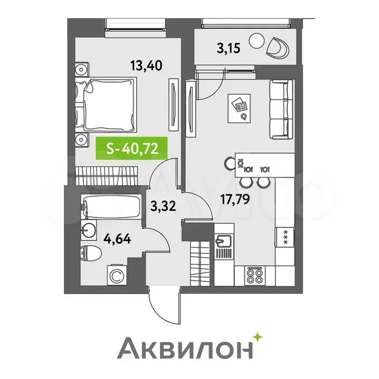 1-к. квартира, 40,7 м, 3/12 эт. - Фото 1